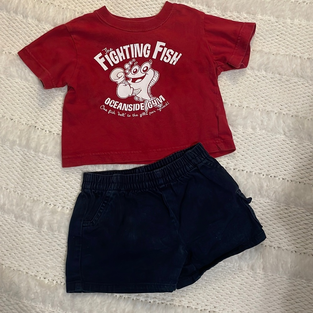 The children’s Place red fish top & black shorts Baby boy size 6 9 M mos months